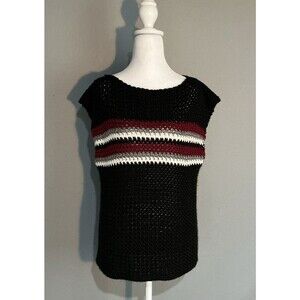 Handmade Crochet Vest Sweater Boatneck Soft Knit Black Stripes Size Large / XL